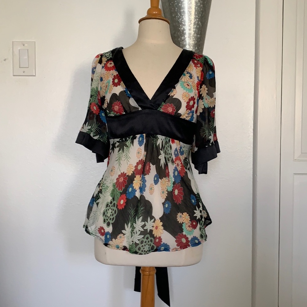 Floral see through faux wrap top with satin trim